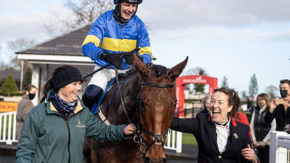 Eleanor Manning (right) and Dysart Dynamo after his emphatic Punchestown victory