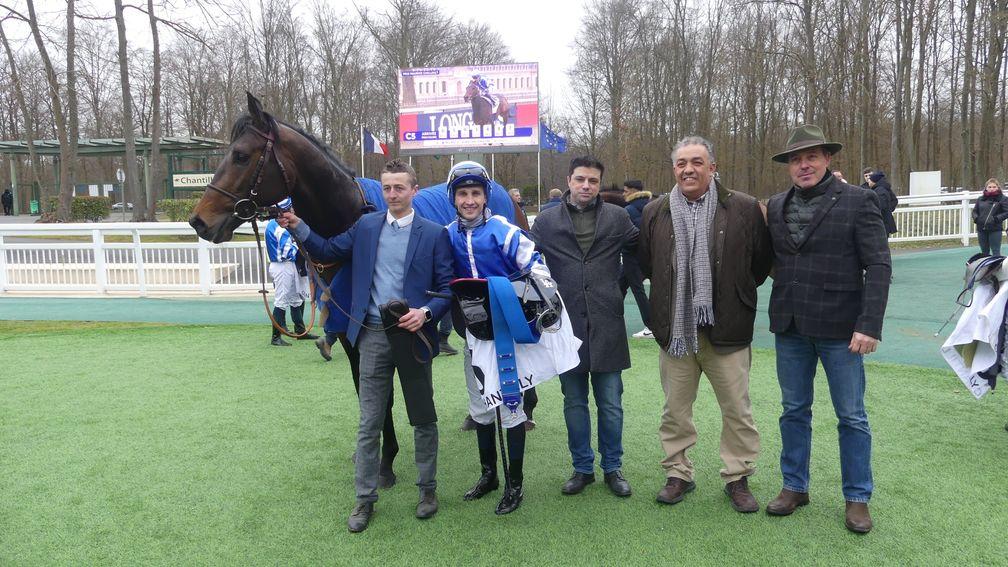 Big Rock with jockey Aurelien Lemaitre and trainer Christopher Head after landing the Listed Prix Maurice Caillault at Chantilly