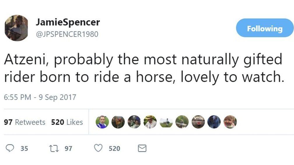Jamie Spencer's tweet after Atzeni won the Irish Champion Stakes on Decorated Knight