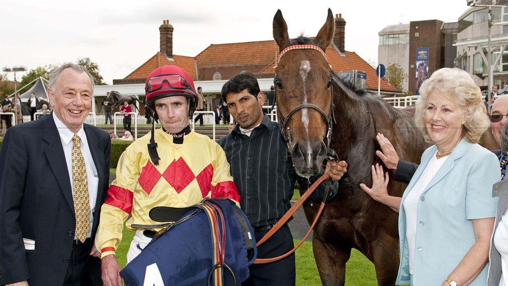 Tangerine Trees, after winning at Newmarket under Tom Eaves, with owner-breeder Marie Matthews