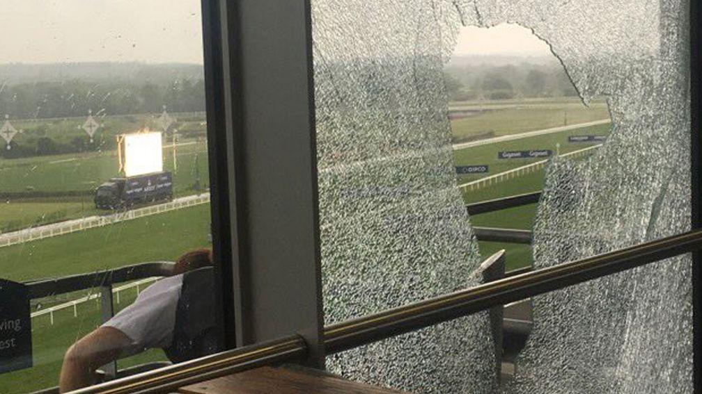 A smashed window at Ascot on Saturday as a result of fighting (picture credit: Annabel Whitchurch)