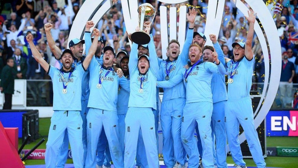 England captain Eoin Morgan lifts the Cricket World Cup trophy after their dramatic success over New Zealand at Lord's
