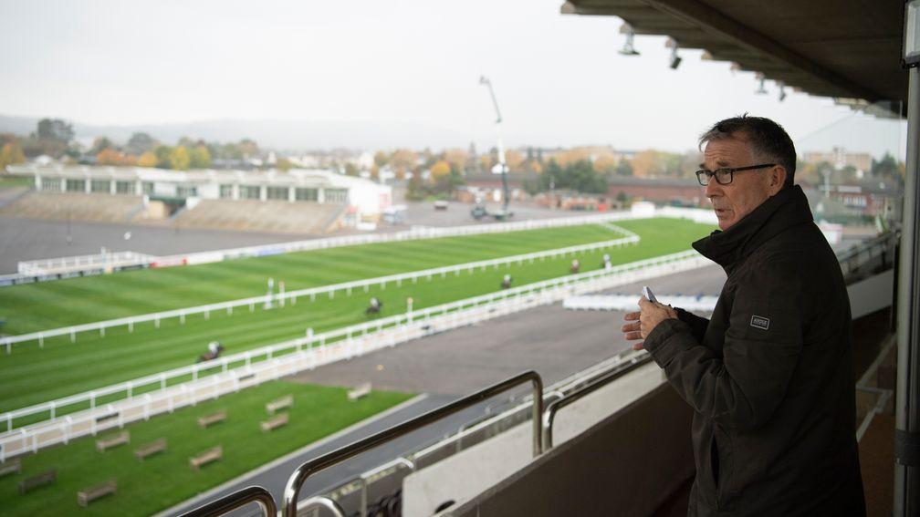 Clerk of the course Simon Claisse looks on as Does He Know (David Bass win The Ballymore Novicesâ Hurdle Cheltenham 23.10.20 Pic: Edward Whitaker/ Racing Post