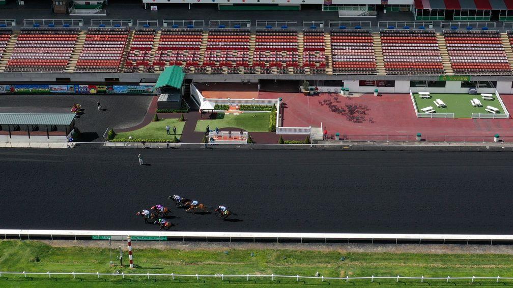 Horses continue to race on the Tapeta surface at Golden Gate Fields in front of empty stands while the coronavirus crisis goes on