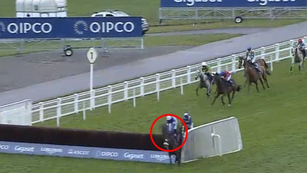 Diego Du Charmil keeps drifting left, and Capeland has nowhere to go at the final fence