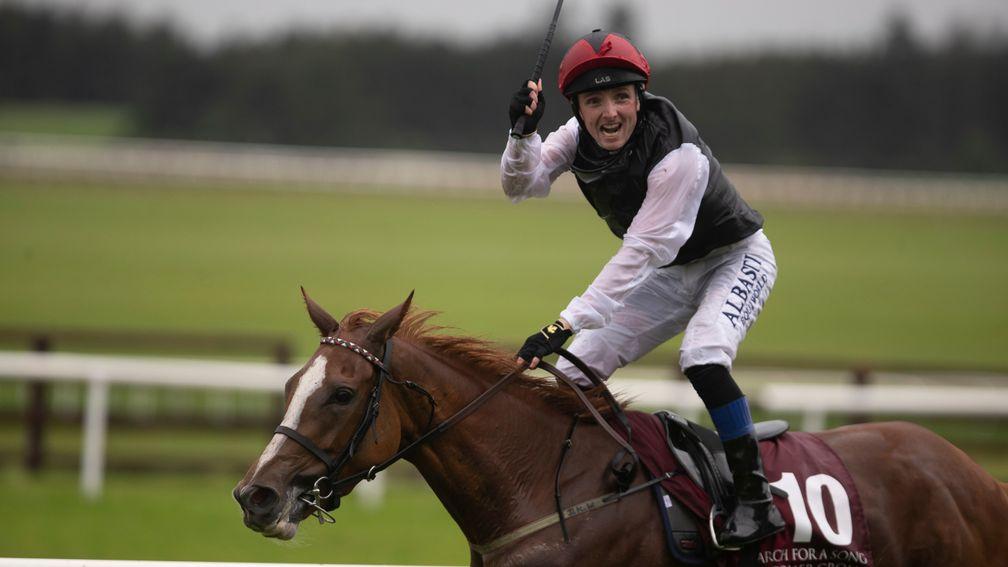 Chris Hayes celebrates winning the Irish St Leger on Search For A Song