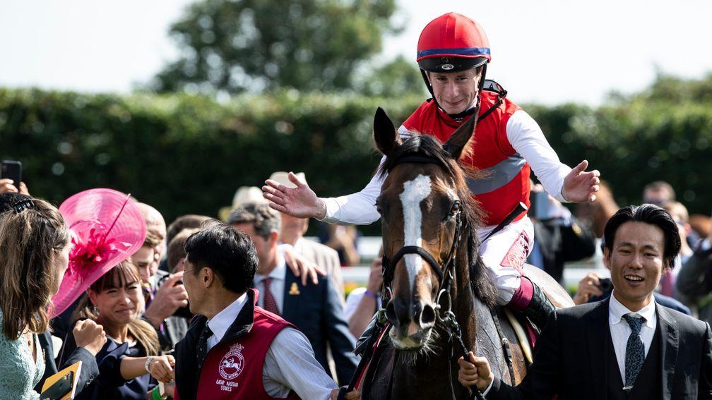 Deirdre (Oisin Murphy) are led in after the Nassau StakesGoodwood 1.8.19 Pic: Edward Whitaker