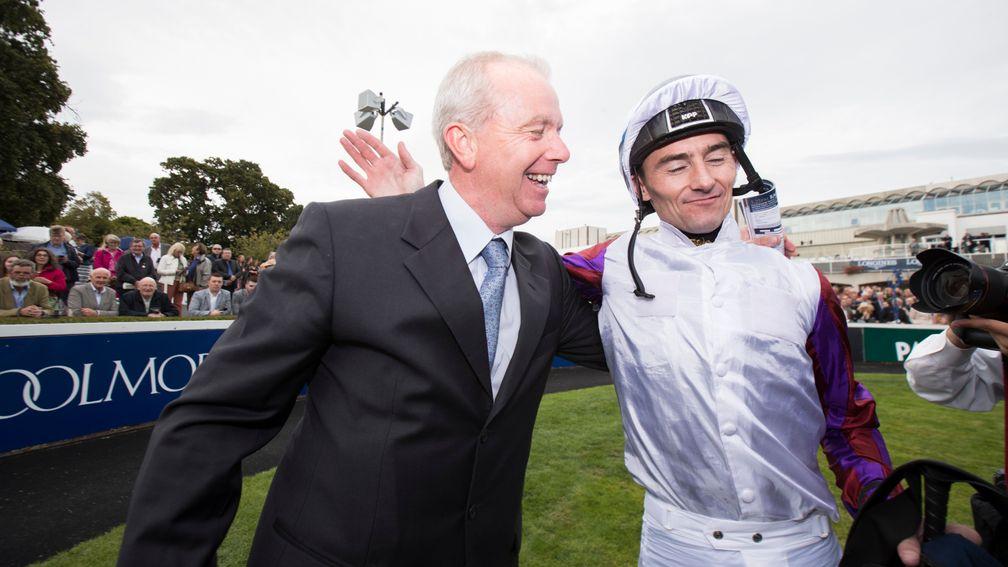 Karl Burke and Danny Tudhope celebrate Laurens' victory in the Matron Stakes at Leopardstown