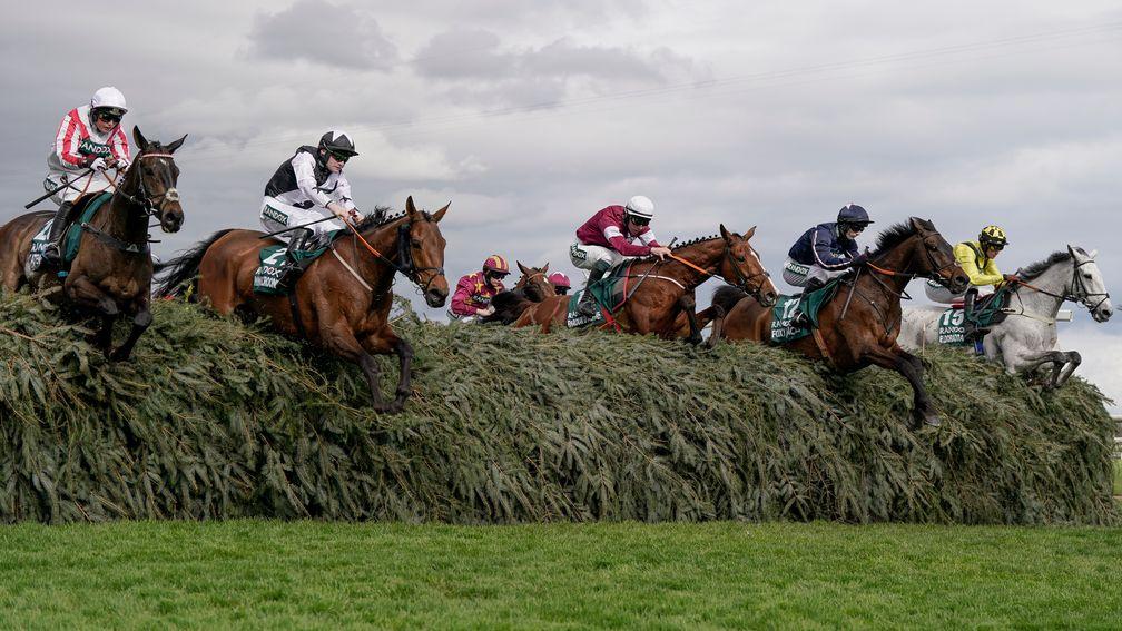 The Grand National field clears the Chair at Aintree on Saturday