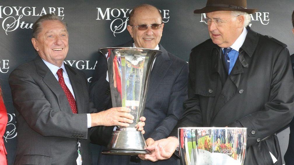 Derrick Smith, Michael Tabor and John Magnier collecting the Moyglare Stud Stakes trophy for Minding in 2015