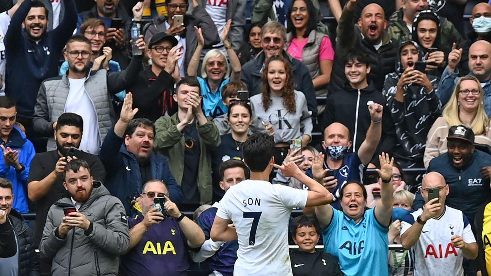 Tottenham's Heung-min Son celebrates in front of the Tottenham fans