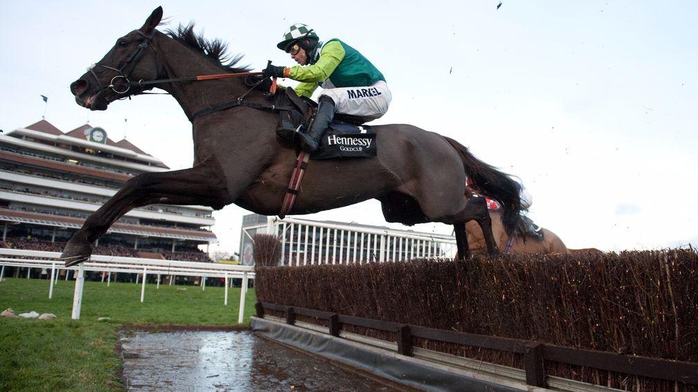 Denman clears the water jump on the way to a first victory in the Hennessy Gold Cup