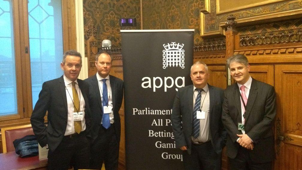 From left to right, Racing Post editor Bruce Millington, Richard Flint (Sky Bet), Simon Rowlands (HBF) and Philip Davies MP