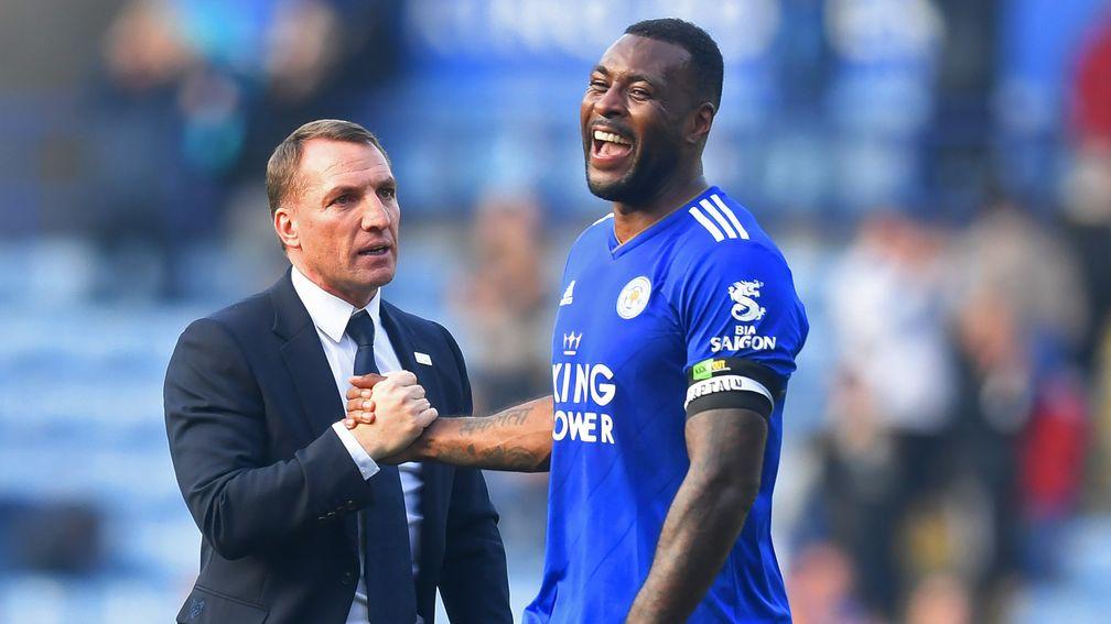 Leicester boss Brendan Rodgers with Wes Morgan