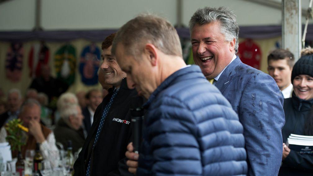 All smiles: Paul Nicholls shares a joke with TV presenter Jeremy Kyle