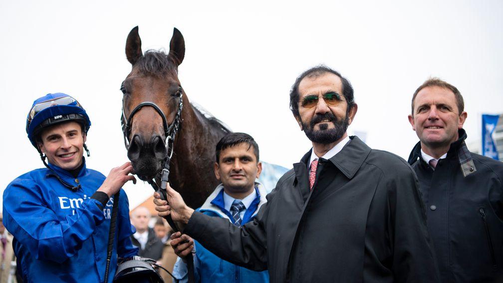Pinatubo with jockey William Buick, owner Sheikh Mohammed and Charlie Appleby (right) after winning the Dewhurst Stakes
