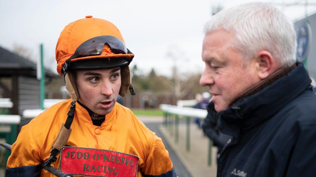 Joe Colliver speaks to trainer Jedd OâKeeffe after Miah Grace had finished 3rd in the 2m handicap hurdleLeicester 29.1.20 Pic: Edward Whitaker