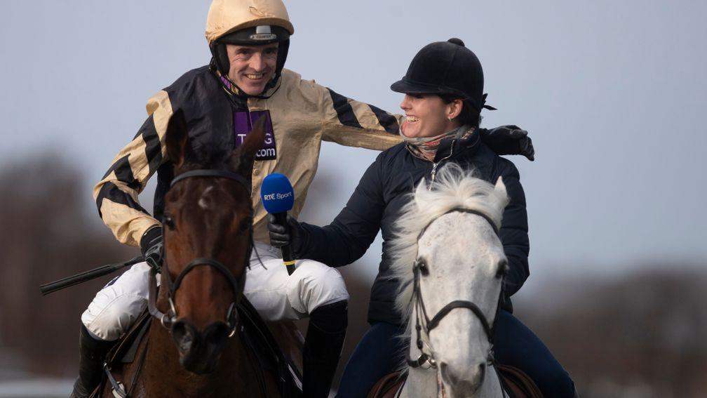 Bellshill and Ruby Walsh greeted by sister Katie on Thousand Stars after winning the Unibet Gold Cup Chase (Grade 1).Leopardstown.Photo: Patrick McCann/Racing Post 03.02.2019.