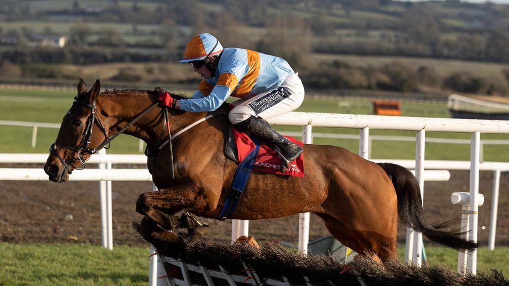 Letsbeclearaboutit and Keith Donoghue winning the 3m maiden hurdle. PunchestownPhoto: Patrick McCann/Racing Post16.01.2023
