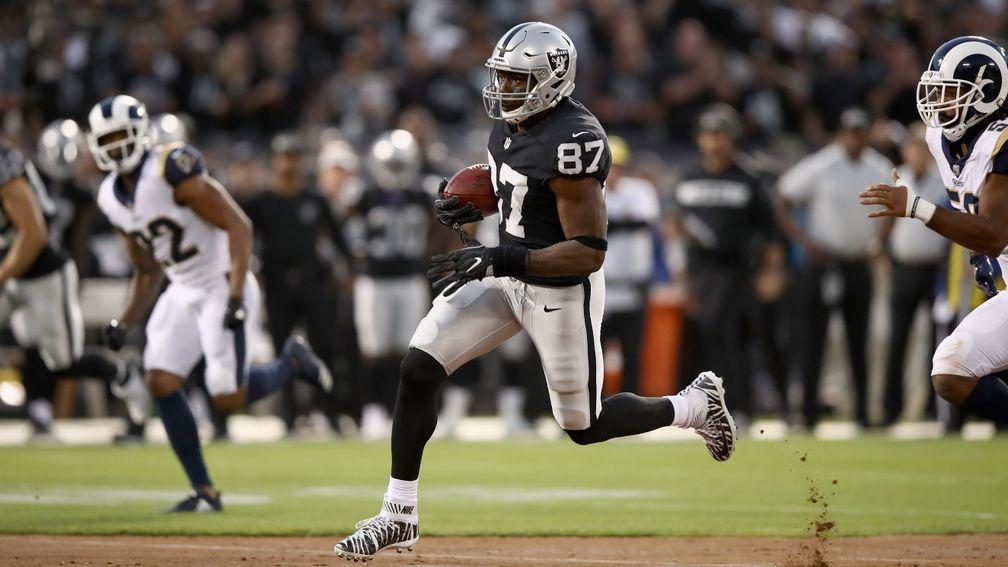 Jared Cook of the Oakland Raiders in action against the Los Angeles Rams