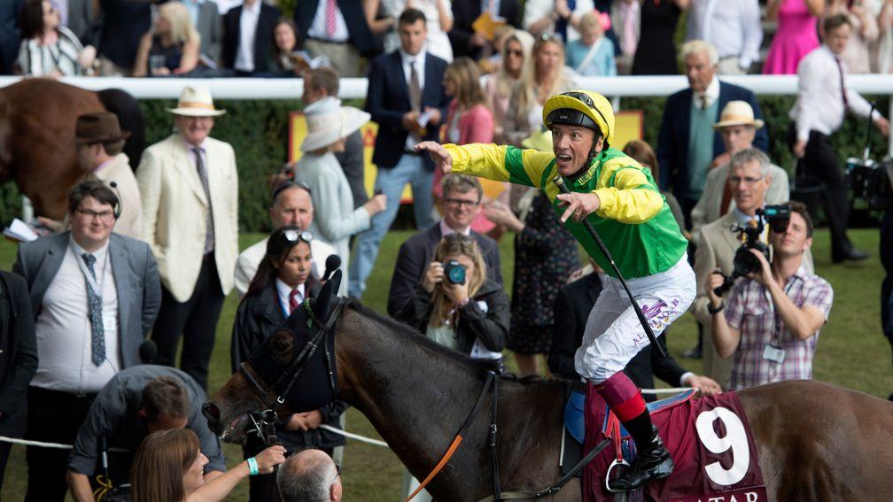 Frankie Dettori celebrates in trademark style after Lancelot Du Lac's victory