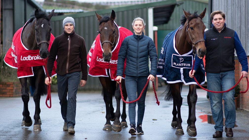 On the march: Nube Negra (with Harry Skelton), Shan Blue (Bridget Andrews) and Allmankind (Dan Skelton) parade with intent at Lodge Hill