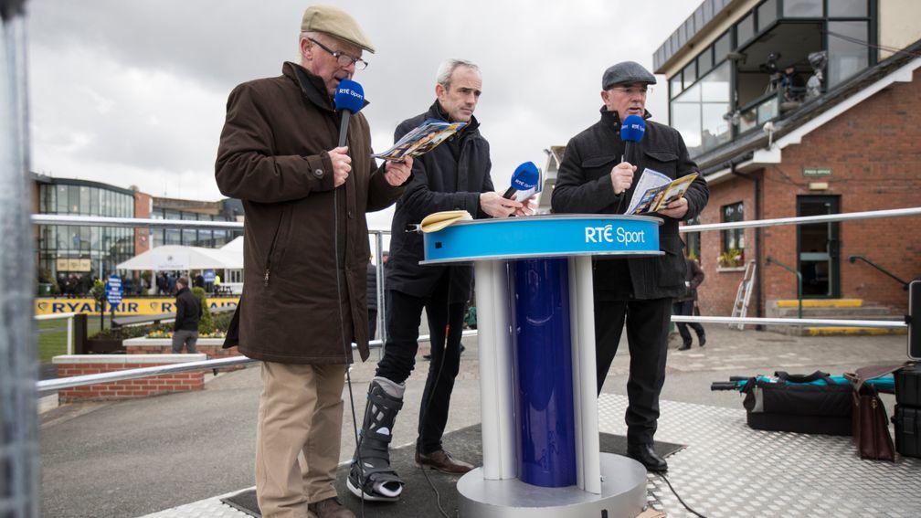 Ruby Walsh alongside his father Ted and Robert Hall while working for RTE at Fairyhouse in 2018
