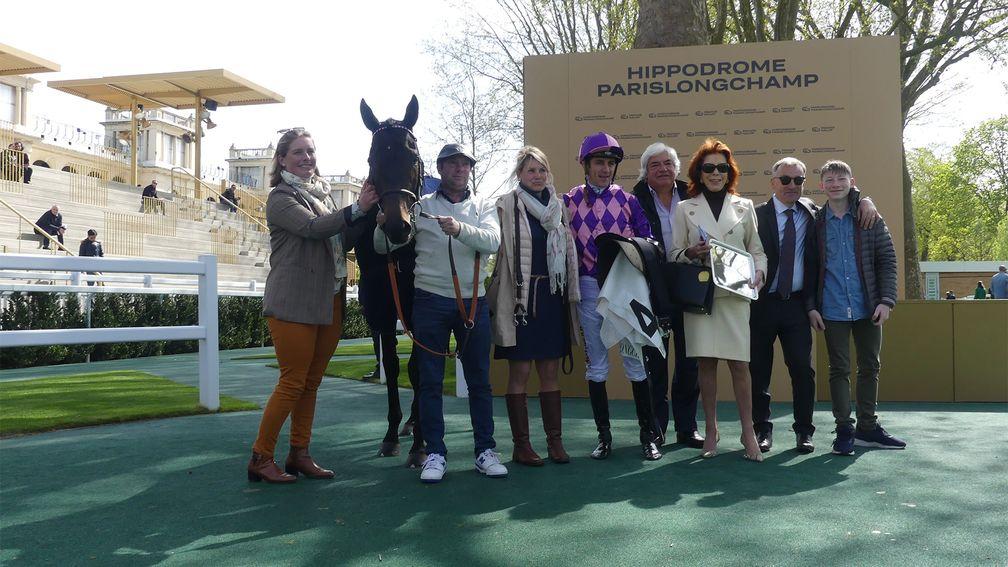 Yann Barberot (second from the right) and Christophe Soumillon with Prix de Fontainebleau winner American Flag
