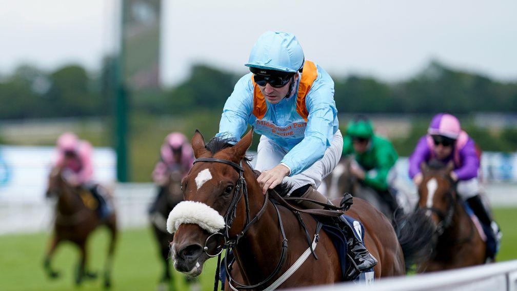 CHICHESTER, ENGLAND - JULY 27: Oisin Orr riding The Platinum Queen win The British EBF Alice Keppel Fillies' Conditions Stakes during day two of the Qatar Goodwood Festival at Goodwood Racecourse on July 27, 2022 in Chichester, England. (Photo by Alan Cro