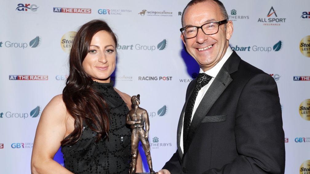 Nicola Currie: receiving her lady jockey of the year trophy at the Stobart Lesters from GBR chief executive Rod Street