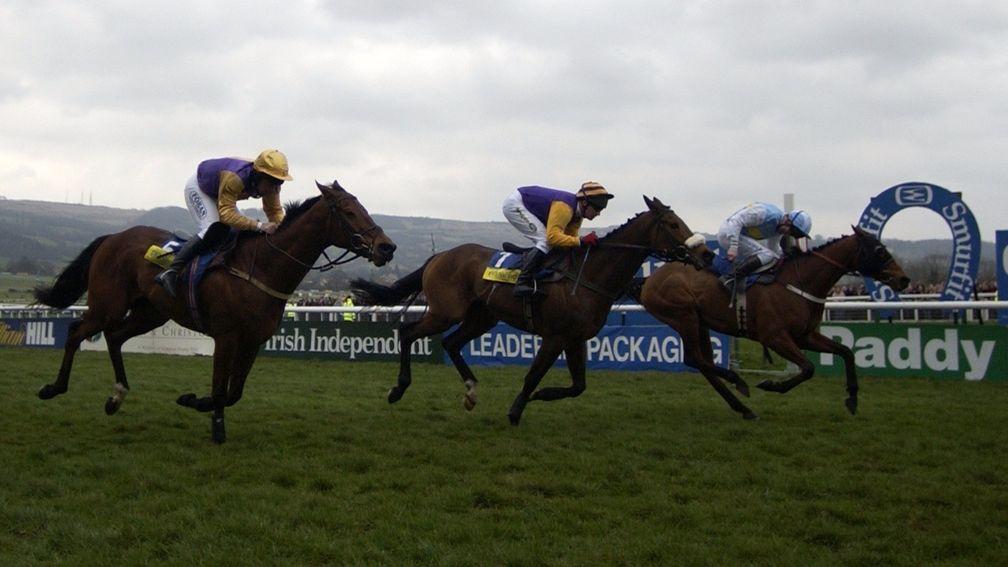 Paul Carberry and Harchibald (centre) are denied by the battling Hardy Eustace (right) in the 2005 Champion Hurdle, with Brave Inca (left) a neck away in third