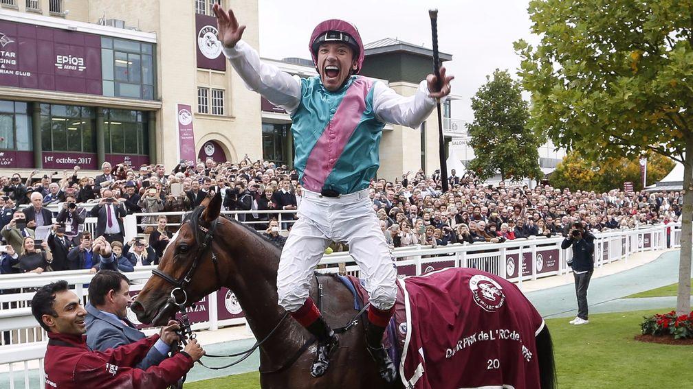Frankie Dettori leaps for joy after his record-breaking fifth Arc success