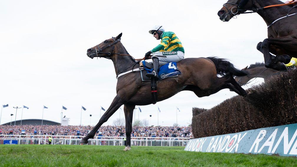 Jonbon (Nico de Boinville) leads over the last fence to win the Melling Chase
Aintree 12.4.24 Pic: Edward Whitaker