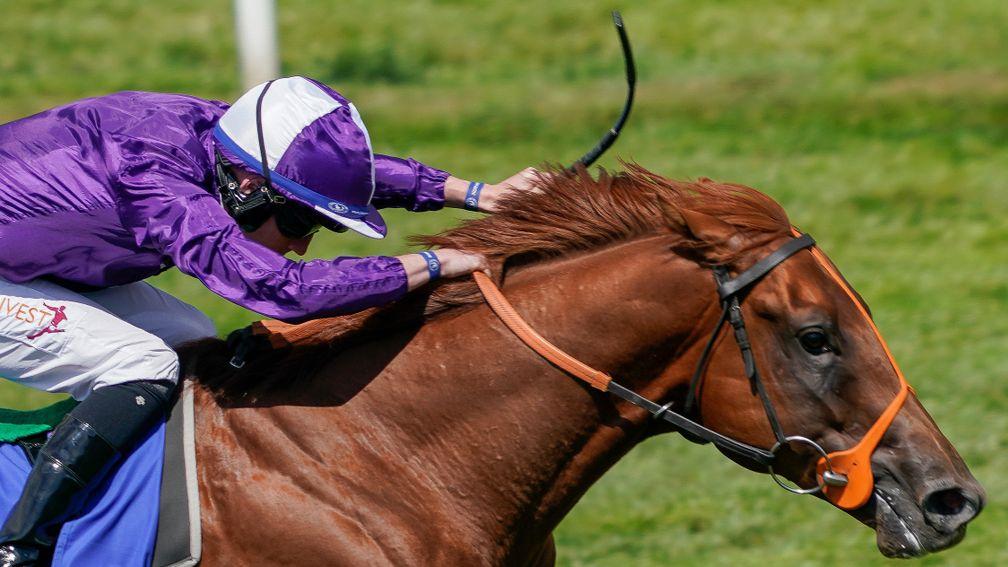 NEWMARKET, ENGLAND - JULY 07: Rossa Ryan riding Persian Force (purple) win The Close Brothers July Stakes at Newmarket Racecourse on July 07, 2022 in Newmarket, England. (Photo by Alan Crowhurst/Getty Images)