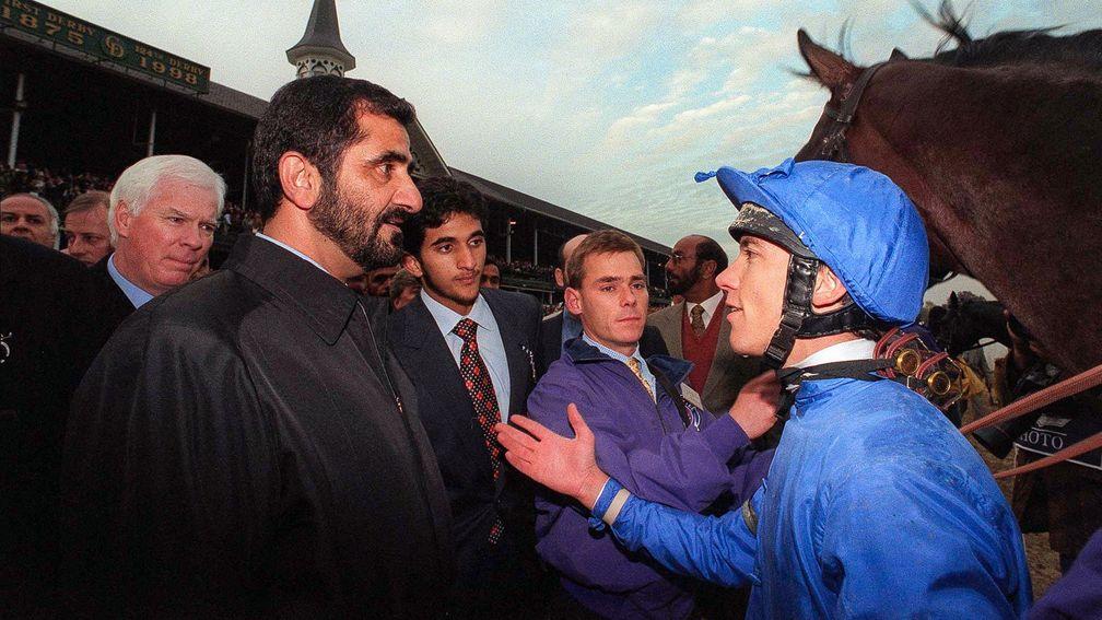Frankie Dettori explains to Sheikh Mohammed how Swain was beaten in the 1998 Breeders' Cup Classic