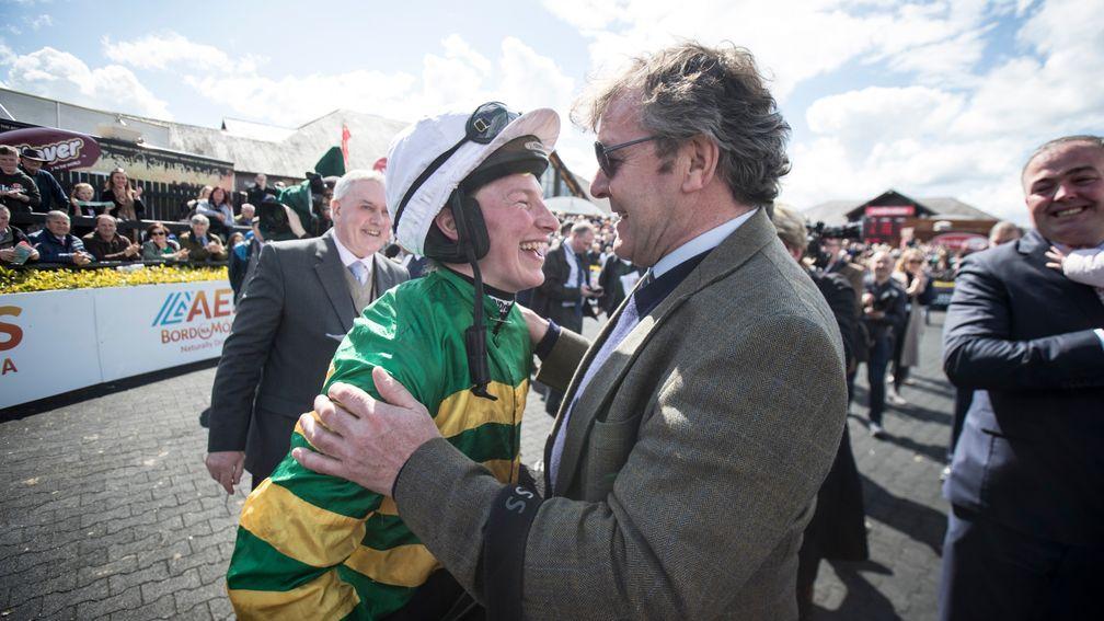Carberry is congratulated by Enda Bolger after she signs off with victory on the trainer's Josies Orders