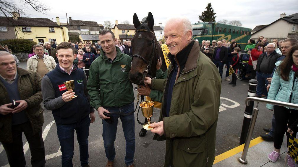 Gold Cup winner Al Boum Photo with Paul Townend, Brendan Kenny, Imran Haider and Willie Mullins at the Lord Bagenal Inn in Leighlinbridge