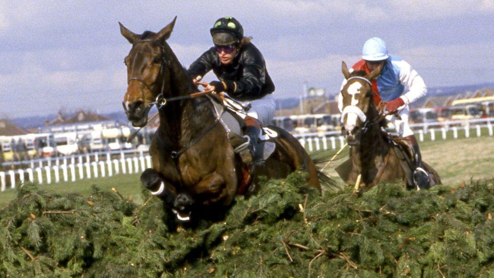 Hallo Dandy and Neale Doughty (left) on the way to victory in the 1984 Grand National, before he was rescued from a miserable existence by the Thoroughbred Rehabilitation Centre
