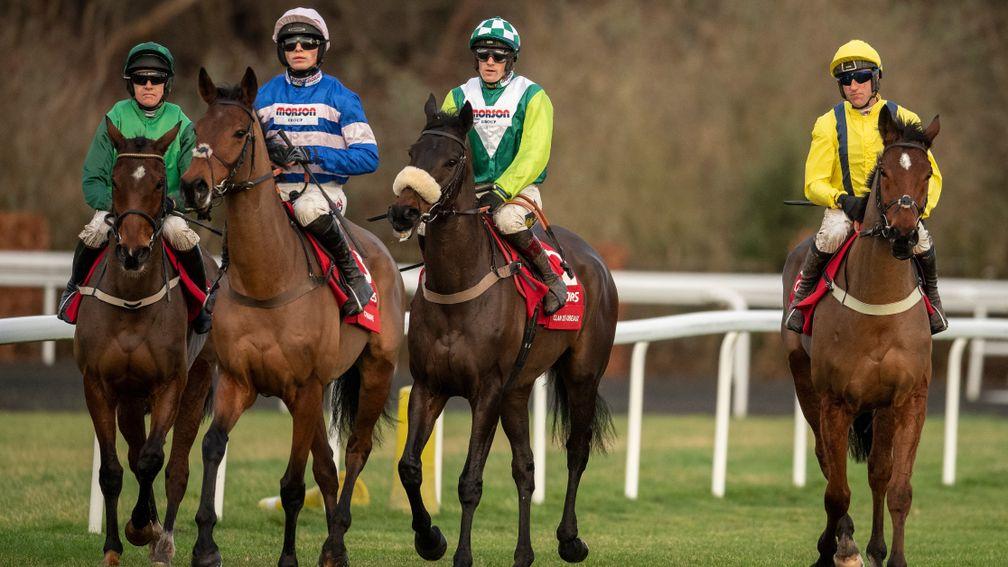 Cyrname (pink cap), Clan Des Obeaux (green and white) and Lostintranslation (yellow): all set to oppose each other again in a scintillating King George VI Chase