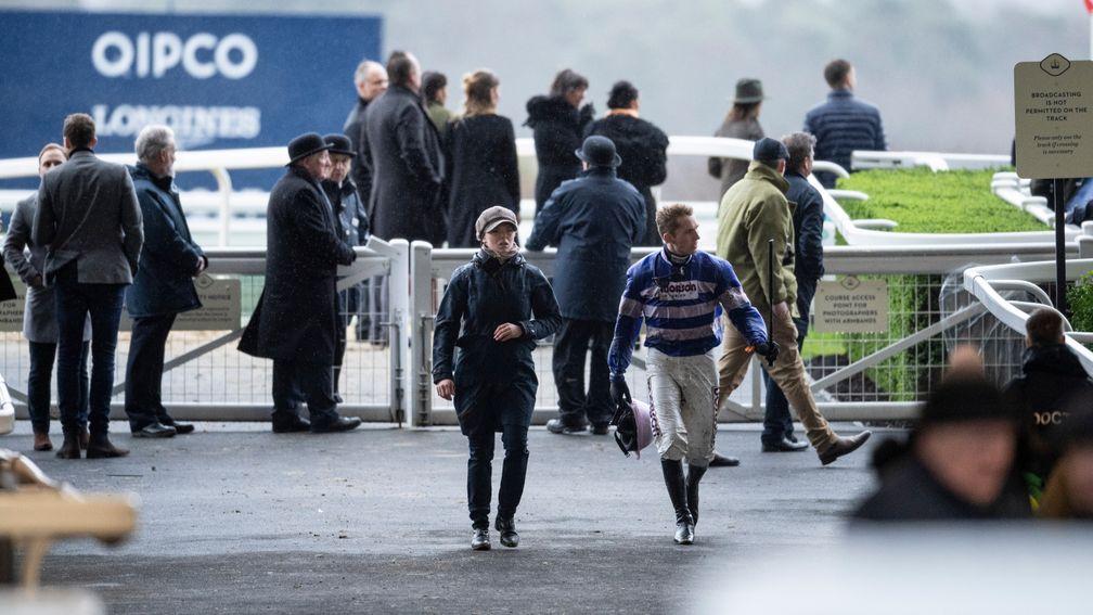 Harry Cobden walks back after falling at the last fence on Cyrname  in the Ascot ChaseAscot 15.2.20 Pic: Edward Whitaker