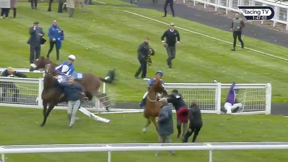 Oisin Murphy's mount crashed through paddock rails in a frightening incident on Thursday