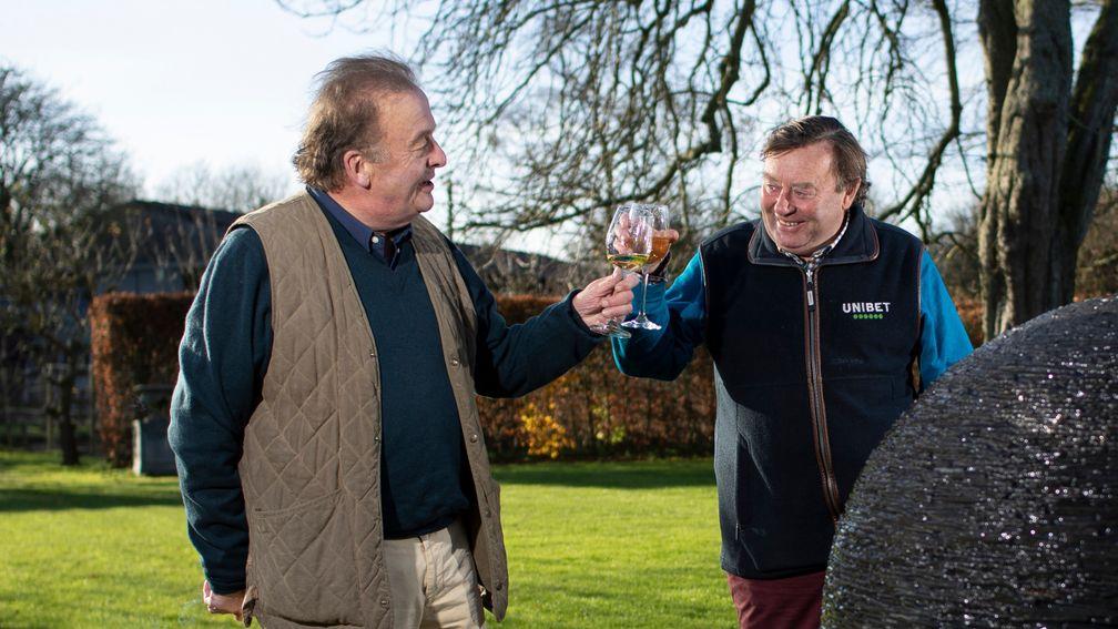 Alastair Down with champion trainer Nicky Henderson in the garden at Seven Barrows Lambourn 1.12.20 Pic: Edward Whitaker