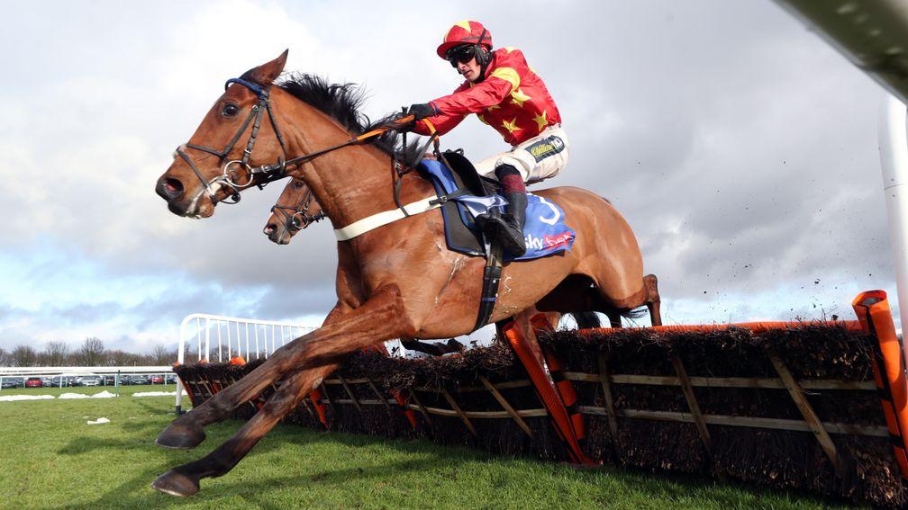 NEWTON-LE-WILLOWS, ENGLAND - JANUARY 23: Minella Drama ridden by Sam Twiston-Davies jumps ahead of eventual winner Faivoir (behind) ridden by Bridget Andrews during the Sky Bet Supreme Trial Rossington Main Novices' Hurdle at Haydock Park Racecourse on Ja