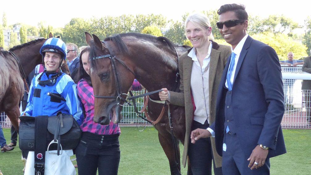 Fighting Irish with Cristian Demuro, Christina Dunlop and owner Anoj Don after winning the Criterium de Maisons-Laffitte in 2017