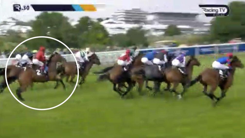 Emily Upjohn (circled) stumbles badly at the start, immediately handing an advantage to her rivals