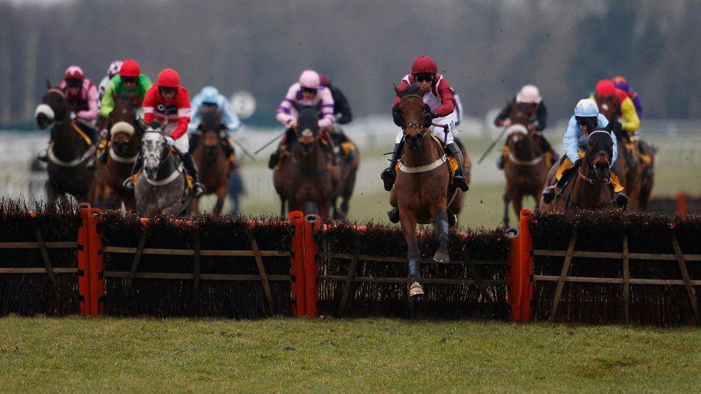 Violet Dancer (Josh Moore) jumps the last en route to winning the Betfair Hurdle in 2015 for Gary Moore, who has landed the big handicap three times in the last ten runnings