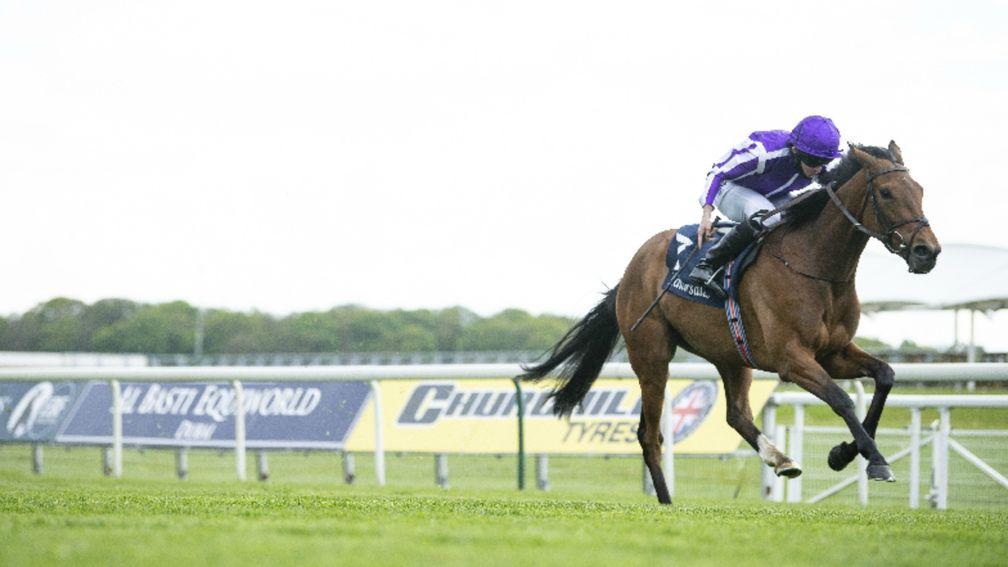 Snowfall and Ryan Moore come home in isolation in the Tattersalls Musidora Stakes