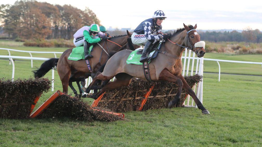 Irving (Harry Cobden) flattens the final flight on his way to a second win in Newcastle's Stanjames.com Fighting Fifth Hurdle. He held Apple's Jade by a nose.