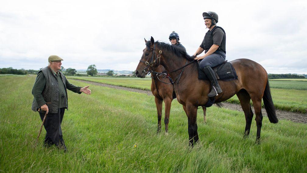 Legendary racehorse trainer Mick Easterby speaks to rival trainer Ruth Carr on his gallops at New House Farm in Sheriff Hutton near York Pic: Edward Whitaker 30.6.20