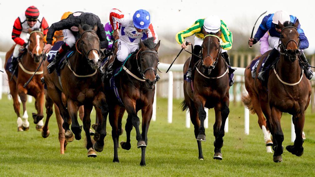 Blue Collar Lad and Sean Levey (blue cap) set Cross Channel Racing on their way at Bath in April 2021
